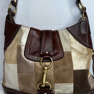 COACH HAMPTONS METALLIC SUEDE LEATHER MOSAIC PATCHWORK SLIM LG HOBO BAG 10308